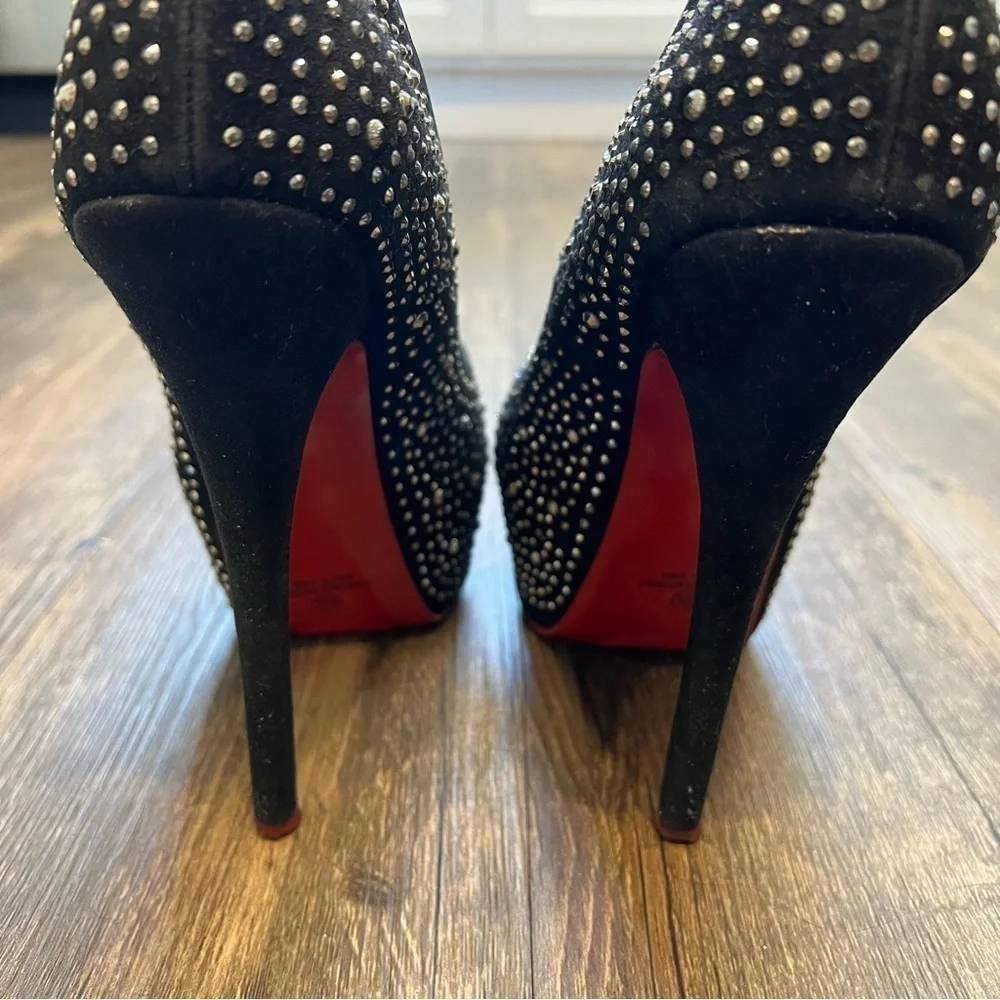 Alba Red Sole Black Suede Silver Rhinestone Platform Stiletto High Heels 8.5